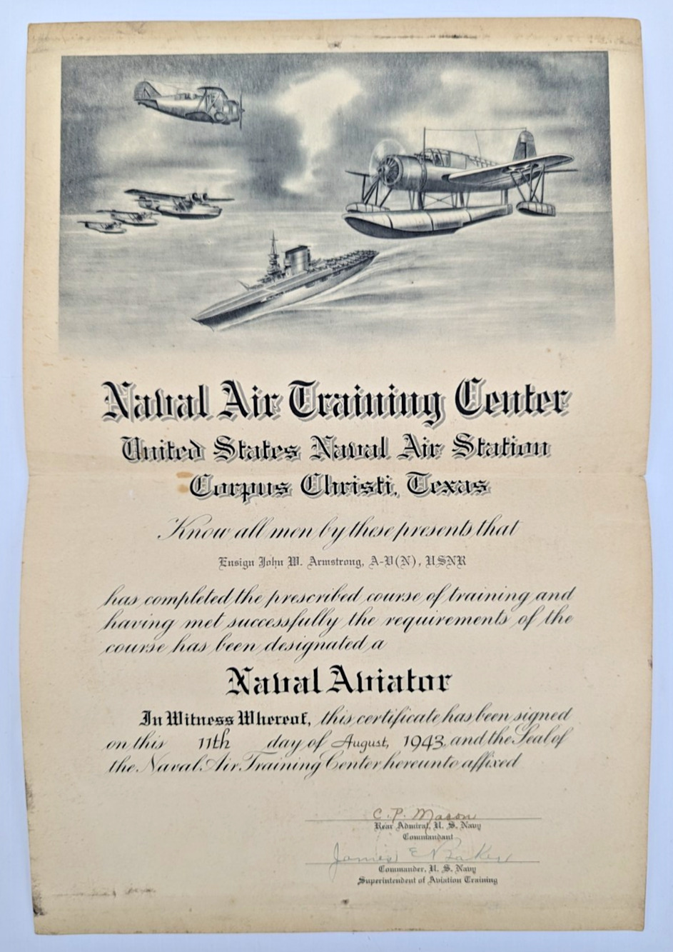 U.S. Naval Aviator Air Training Graduation Certificate Corpus Christi Texas WWII